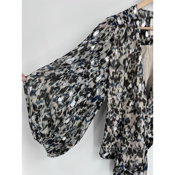 Part Two Copenhagen Metallic Animal print Puff Sleeve Wrap Top 36 - Picture 3 of 5